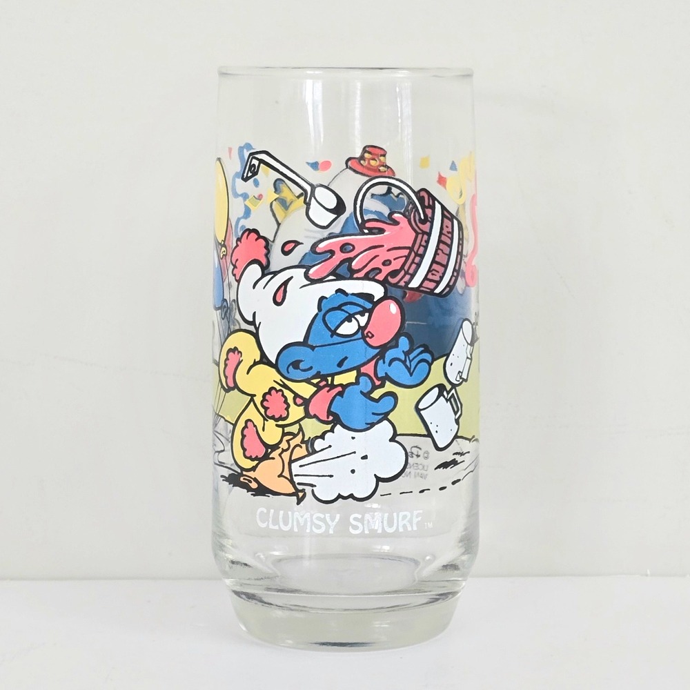 Vintage 1983 Smurf Glass Peyo Clumsy Smurf Cartoon‎ Drinking Cup Collectible